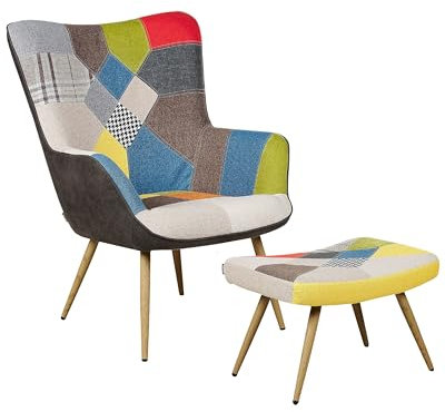Fauteuil avec Repose-pied en Tissu Patchwork Pieds Bois d'Hévéa Style Rétro Vejle II