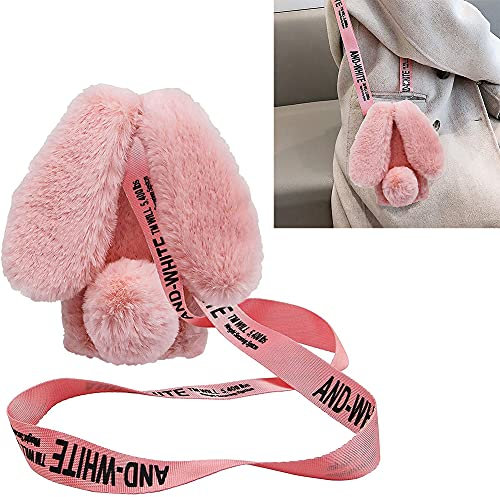 Jorisa Plüsch Kaninchen Hülle Kompatibel mit iPhone 13 6.1 Zoll,Niedlich Pelzig 3D Hase Ohren Winter Warm Weich Flauschige Handyhülle mit Halskett Umhängeband Schultergurt,Hellrosa