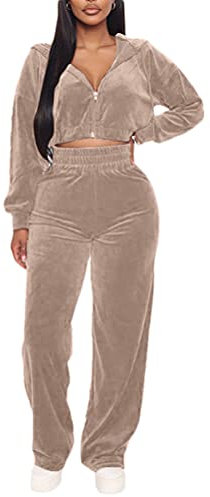 Minetom Trainingsanzug Damen Hausanzug Set Jogginganzug Samt Sportanzug Freizeitanzug 2 Teilig Kapuzenjacke Mantel Langarm Reißverschluss Sporthose Velours Hose Z1 Khaki 44