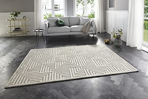 ELLE Decoration New York Flauschiger Kurzflor Teppich Moderner Wohnzimmerteppich – Hoch Tief Effekt Weich Labyrinth Muster - für Wohnzimmer Schlafzimmer Küche oder Esszimmer Creme Grau, 160x230cm