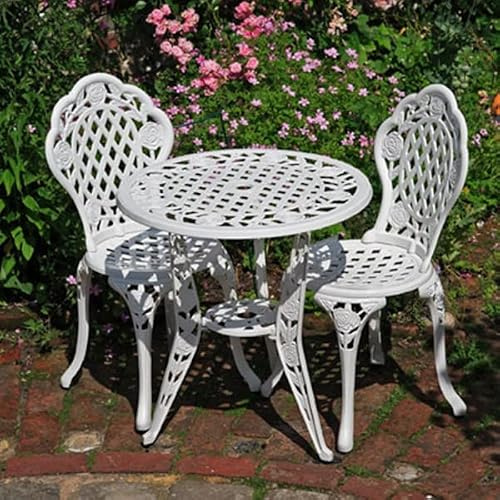 Lazy Susan 65 cm Runder Rose Bistrotisch in Weiß mit 2 Rose Bistrostühlen | Nachhaltiges Sandguss-Aluminium | Wetterfest | Rostfrei | Wartungsarm | 3 Jahre Garantie
