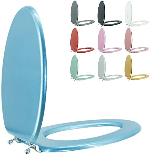 BLOFDE Elongated Wooden Toilet Seat in Sapphire Blue, Prevents Shifting with Zinc Alloy Hinges, Easy to Install and Clean, Modern Style, American Standard Size