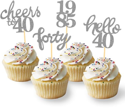 24 Stück Glitzer 40. Geburtstag Cupcake Topper, Geburtstagsdeko 40 von 1985 für Deko 40 Geburtstag, 40 Geburtstagsfeier Zubehör Party Dekoration Kuchendekoration (Silber)