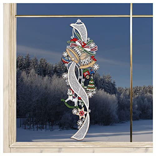 DSD Design-Studio Drechsler Fensterbild Kindheitstraum Plauener Spitze Weihnachts-Deko Giralnde mit Glocken und Spielzeug 41 x 14 cm