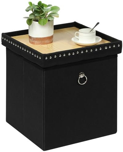 Bonlife Black Folding Ottoman Storage Box with Tray,Cube Kids Toy Chest with Lid,Linen Footstool with Storage Seat,40X40X40CM