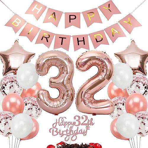 Feelairy Geburtstagsdeko 32 Jahre Frauen, Rosegold Luftballon 32. Geburtstag Deko Frau, Tortendeko Happy 32th Birthday Deko 32 Jahre Frauen, Ballon 32. Geburtstag Frau Party Dekoration Set