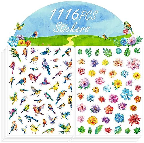 1116PCS Blumen-, Vogel- und Blatt-Aufkleber, 24 Bögen realistische Pflanzen- und Vogelaufkleber Frühlingsthema Partyzubehör Dekorationen für Kinder, Lehrer, Klassenzimmer
