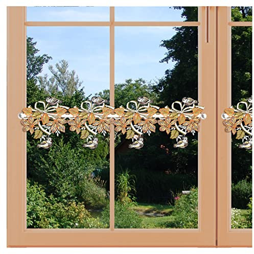 artex deko Feenhaus-Spitzengardine Vögel in bunt aus Echter Plauener Spitze herbstliche Scheibengardine mit Blätter-Motiv 20 x 176 cm