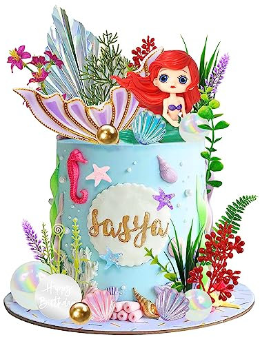 Mermaid Cake Toppers Under the Sea Tail Cake Decorations Artificial Water Plants with Pearl Ball for Girl Kid Birthday Party Mermaid Theme Party Baby Shower Supplies (Style 1)