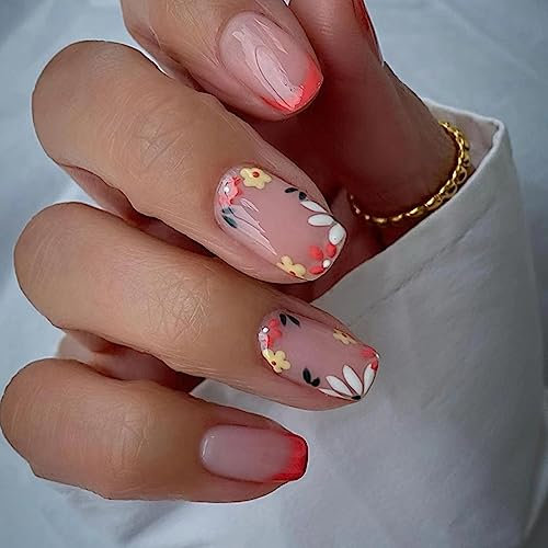 24 Pièces Faux Ongles Court Carrés Français Ongles à Coller Glossy Colorful Fleurs Acrylique Capsules Ongles Ballerine Acrylique Press on Nails pour Femmes et Filles Salons De Manucure