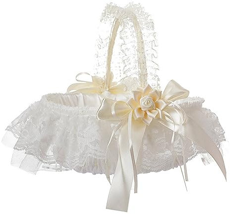 BBTISG Hochzeit Blumenmädchen Korb, Satin Hochzeit Blumenmaedchen Korb Weiß Hochzeit Blumenkorb mit Spitze, Bowknot Dekor für Hochzeit Wohnkultur