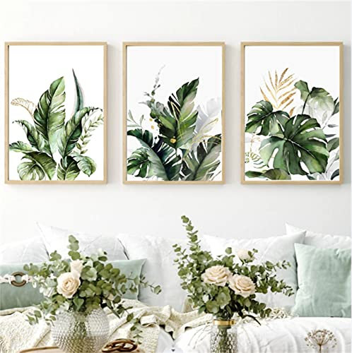 Herfair 3er Poster Set Grün Pflanzen Blätter Wandbilder Modern Blumen Rosa Leinwand Bilder Wandbild Bilder Set Wanddeko Wohnzimmer Decor OHNE Rahmen (Grüne Blätter,50x70cm)