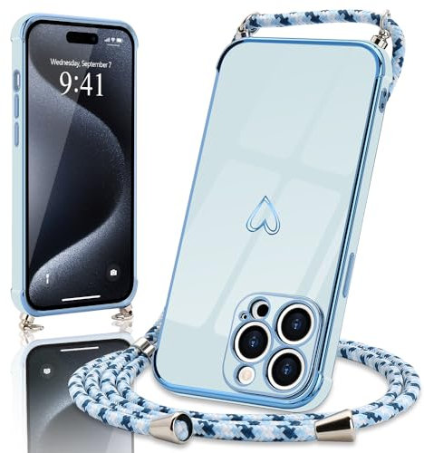 Micoden Handykette kompatibel mit iPhone 15 Pro Max hülle Ultra dünn Kameraschutz Herz Love Design Galvanik Silikon Bumper Case Kordel zum Umhängen Handyhülle mit Band Schutzhülle,Blau