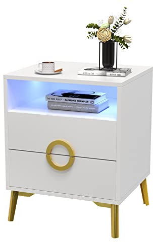 PIPIPOXER Nachttisch Weiß mit 2 Schubladen, Nachttisch LED Nachttisch Weiß und Gold, Nachtschrank Nachtkommode 2 Schubladen mit Led 16 Farben Beleuchtung Beistelltisch für Schlafzimmer, 45x40x57cm
