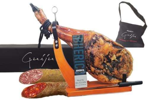 Iberischer Schinken mit Wurst und Eichelwurst und Messer + Schinkengeschenk Schürze, Guijuelo-Herstellung.