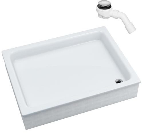Sellon24® Acryl Duschwanne Duschtasse ohne Schürze Rechteck mit EPS Träger + Siphon Weiß Stabil Styroporträger Befliesbar Bau-Höhe 26cm (90x120x26cm)