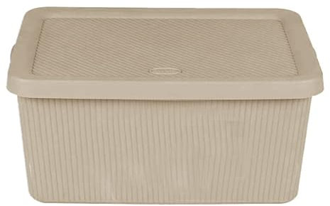 14L Litre Beige Large Utility Storage Box With Lid Virgin Plastic Stackable Lidded Basket Container Storage Organiser Lidded Bin Box With Handles For Makeup Storage Shelves Home Kitchen Office