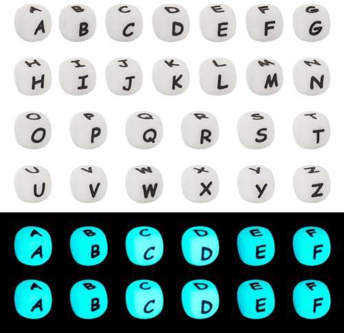 Boutigem 52 perline cubiche in silicone con lettere dell'alfabeto A-Z, 12 mm, si illuminano al buio, perline in silicone per gioielli fai da te e artigianato