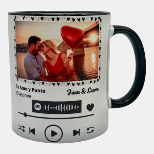 Taza personalizada con foto, texto y canción Spotify. Escanea y reproduce en la aplicación móvil, regalo original para tu pareja