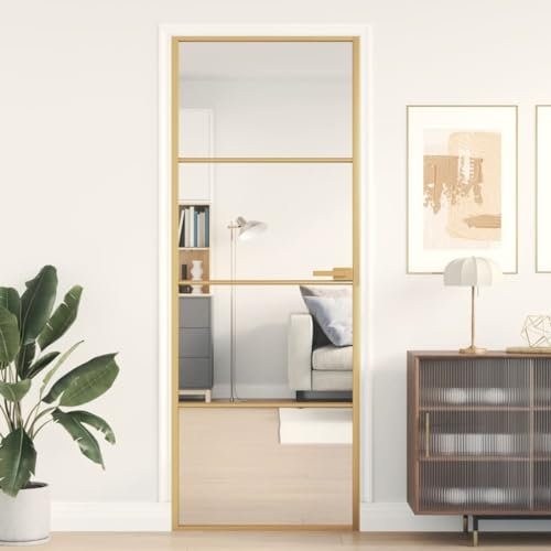 Tidyard Internal Door Panel Interior Bathroom Door Glass Door Slim Golden 76x201.5 cm Tempered Glass and Aluminium for Office Kitchen Bathroom Doors Type1 Hardware