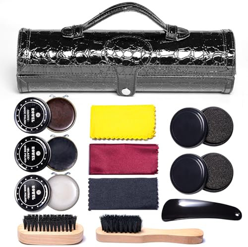 YUET 12-teiliges Schuhcreme & Pflegeset aus Leder mit braunem Wachs, Schuhbürsten zum Polieren, Schuhputzset mit Rosshaarbürsten, Glänzend Schwarz PU Etui