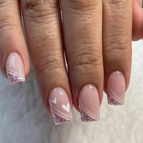 24pcs French Tip False Nails - Medium Length Square, Glitter Gold Edge, White Heart, Removable Stick On, Full Cover, Women & Girls Nail Art Accessories