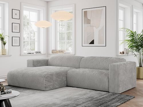 MKS MEBLE Ecksofa Cord, Sofa Cord L-Form, Wohnlandschaft L-Form, Modern Design Couch, Sofagarnitur, Couchgarnitur, Polsterecke - Pasadena - Hellgrau Cord - Links Seite