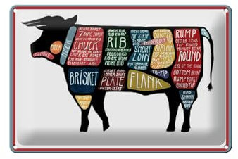 Schild Blech 30x20cm - Made in Germany - Metzger Kuh Beef cuts Fleisch Metall Deko Blechschild