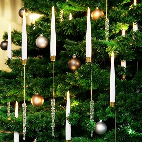 AFINETH Christmas Tree Candles with Remote - 12 Pack Battery Operated LED Flickering Flameless Taper Candles for Xmas Tree Decoration, Home & Party Decor with Icicle Hooks