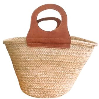 Panier de plage paille - Sac cabas en paille - Panier plage paille avec anses en cuir