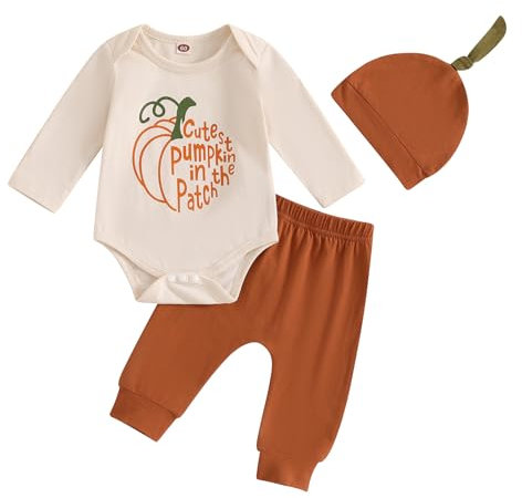 Baby Jungen Halloween Outfits 3 Teiliges Bekleidungsset Langarm Rundhalsausschnitt Briefdrucke Strampler+Kürbis Druck Hose+Hut Baby Jungen Halloween Srrampler Hosen Set (Kürbis, 0-3 Months)