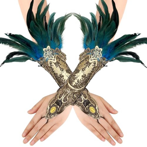 BONHHC Feder Spitze Fingerlose Handschuhe Damen, Gothic Fingerlosen Langen Handschuhe mit Feder, Vintage Fingerlose Spitze Netzhandschuhe für Halloween Kostüm Verkleidung Accessoire (Grün, 1 paar)