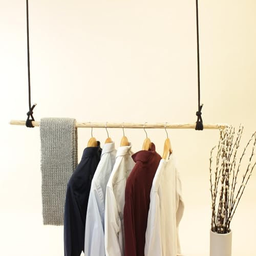 herbeschick.® Hängegarderobe Naturbursche | geschälter Naturstock | schwarzes Baumwollseil | verschiedene Größen | Made in Germany (silberne Beschläge, 100 cm Seil; 85 cm Stock)