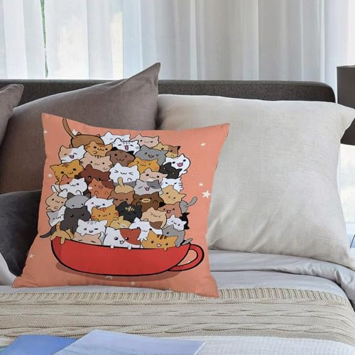 EMCLKS Designs Kissenbezug Männer/Frauen/Jungen/Mädchen Wohnzimmer Schlafzimmer Sofa Stuhl Kissenbezüge,Zeichnen Sie EIN Charakterdesign mit Einer süßen Katze in Einer schönen Tasse Tee. Isol,40x40cm