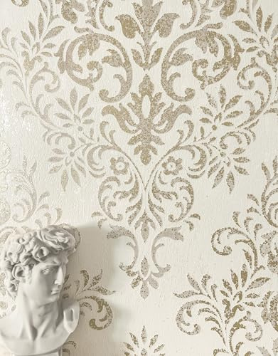 Newroom Vliestapete Creme Ornamente Tapete Barock Wohnzimmer | Glänzender Metallic-Schimmer, florales Damastmuster, Glitzerakzent, Vintage Mustertapete, Schlafzimmer Flur Esszimmer