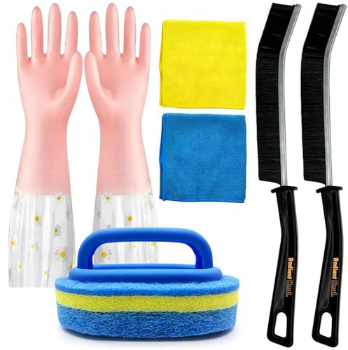 Crevice Cleaning Brush Set Bundle with Crevice Cleaning Brush, Bathroom Cleaning Sponge, Cleaning Gloves, Microfiber Cloths - Cleaning Brushes for Small Spaces, Bathroom Sponge, Grout Cleaner.