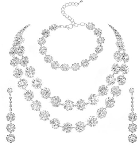 FANCYWUXI 3 Stück Strass Brautschmuck Halskette Ohrrings Armband Set Tropfen Cluster Schmuckset Klar Silber Schmuckset Klar Silber-Ton Allergenfrei Hochzeitsschmuck für Braut Brautjungfern