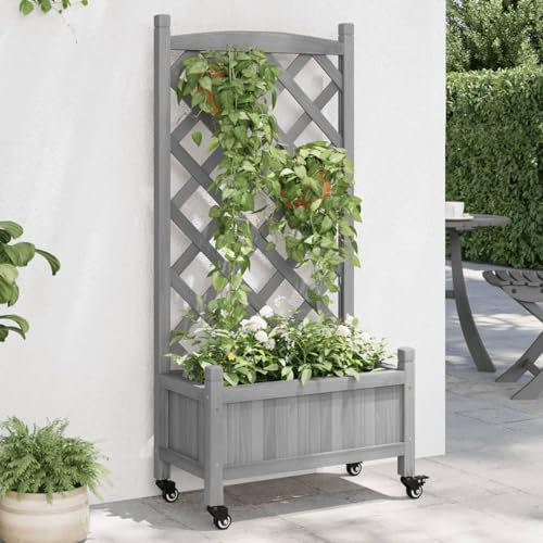 IKAYAA Pflanzkasten mit Spalier und Rollen, Blumenkasten mit Rankgitter, Rankkasten Holz, Gartenspalier für Kletterpflanzen, Blumenkasten für Garten, Balkon Terrasse, 55 x 29.5 x 117.5 cm,Grau