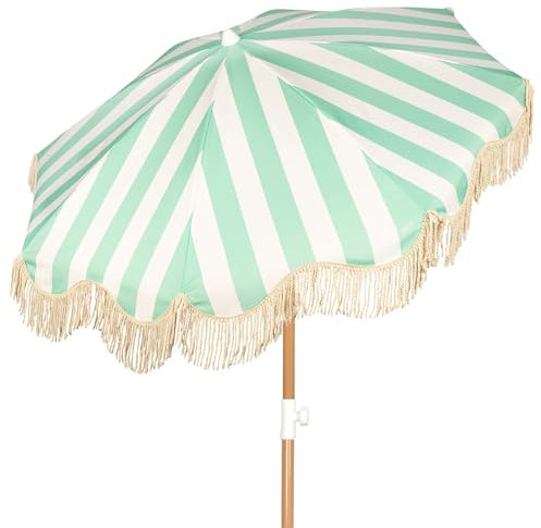 AKTIVE Sombrilla playa 8 varillas 200 cm rayas esmeralda, Diseño con flecos, Tejido poliéster, Protección UV30, Mástil de acero inclinable, Funda de transporte incluida, Ideal para playa (62433)