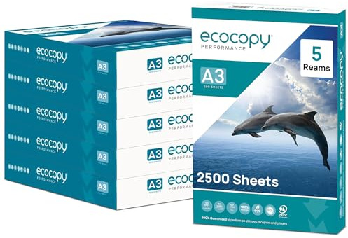 ECOCOPY A3 Printer Paper | White Printing Sheet | 2500 Sheets (5 Reams of 500) - Multipurpose A3 Paper for Laser & Inkjet Printers | Jam-Free Copier Sheets for Office, School & Home Use