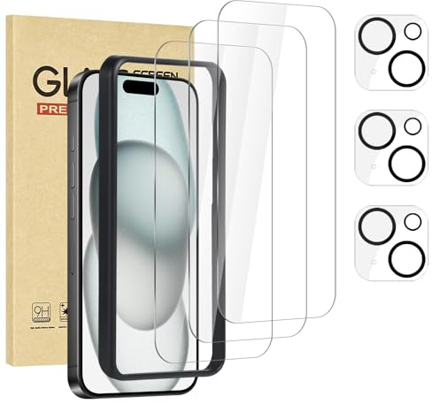 Rvciby 3 Pieces Protecteur d’écran pour iPhone 15 Plus avec 3 Pieces Protecteur d’objectif d’appareil photo avec cadre d’installation,Film de verre trempé de qualité supérieure dureté 9H[6,7 pouces]