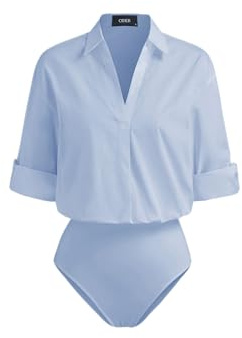 CIDER Womens Bodysuit Blouse Collared Button Front Roll Up Sleeves: Blue, L