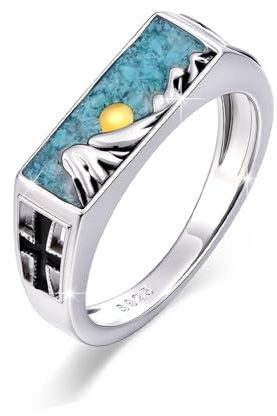 Türkis Ring für Männer 925 Sterling Silber Berge und Sonne Ring mit Kreuz Größe 58 (US 10) Türkis Amulett Schmuck Vatertags Geburtstag Geschenk für Ihn Männer Frauen
