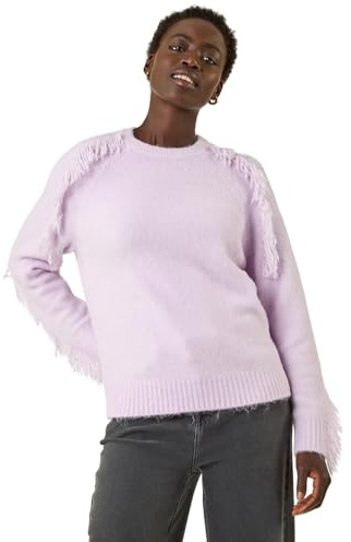 Roman Originals Tassel Stripe Crew Neck Jumper for Women UK - Ladies Everyday Autumn Winter Crew Neckline Comfy Soft Evening Vacation Work Party Night Out - Lilac - Size 10
