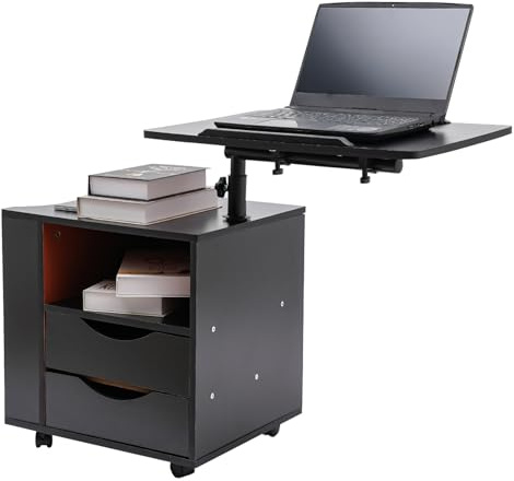 Kazafa Table de chevet multifonctionnelle, réglable en hauteur sur roulettes, avec plateau rotatif à 360° et 2 tiroirs, bibliothèque pratique avec porte-journaux pour lit et canapé, noire