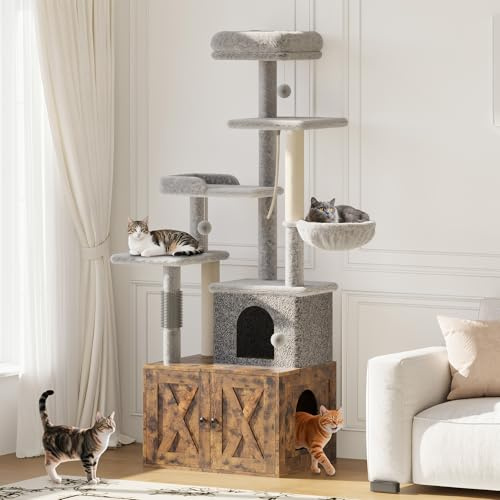 Garvee Cat Tree Tower with Litter Box Enclosure, 2-in-1 Modern Cat Tower, All-in-one Cat Furniture, Hidden Kitty Washroom Wooden House w/Hammock, Scratching Posts, Perch Platform, 60 x 48 x 140cm