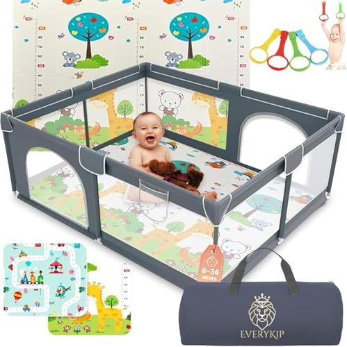 EveryKip® Parque Infantil Bebe Gris 120x120cm + Alfombra Suelo + Anillas + Bolsa Transporte Corralito Bebe Plegable Malla Transpirable Baby Playpen (Gris)
