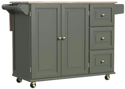 QINGGANG-0224 vegetable rack for kitchen Kitchen Cart With Wood Top And Drop Leaf Breakfast Bar Island Casual Home(Green)