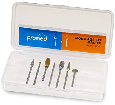 Promed Master Schleifkörper-Set, 7 Schleifkörper für die Kunstnagelmodellage, Bitset, Nagelfräser Aufsätze, Zubehör für Promed Fräser, Schaftdurchmesser 2,332 bis 2,350 mm.