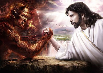 Poster, Motiv: Armdrücken mit Jesus und dem Teufel - A4 Poster - Druck - Bild - Kunst
